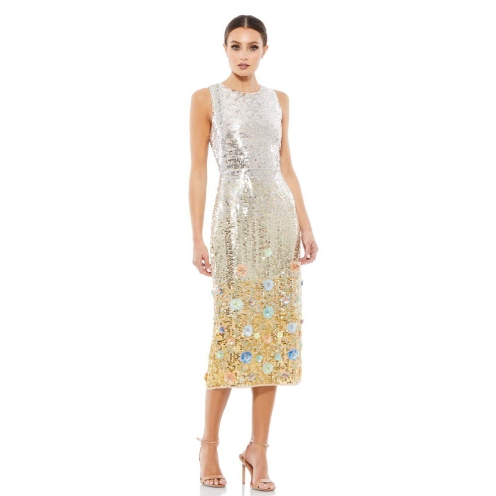 Mac Duggal 10691 NWT Silver High Neck Midi Sequin Dress with 3D Flowers